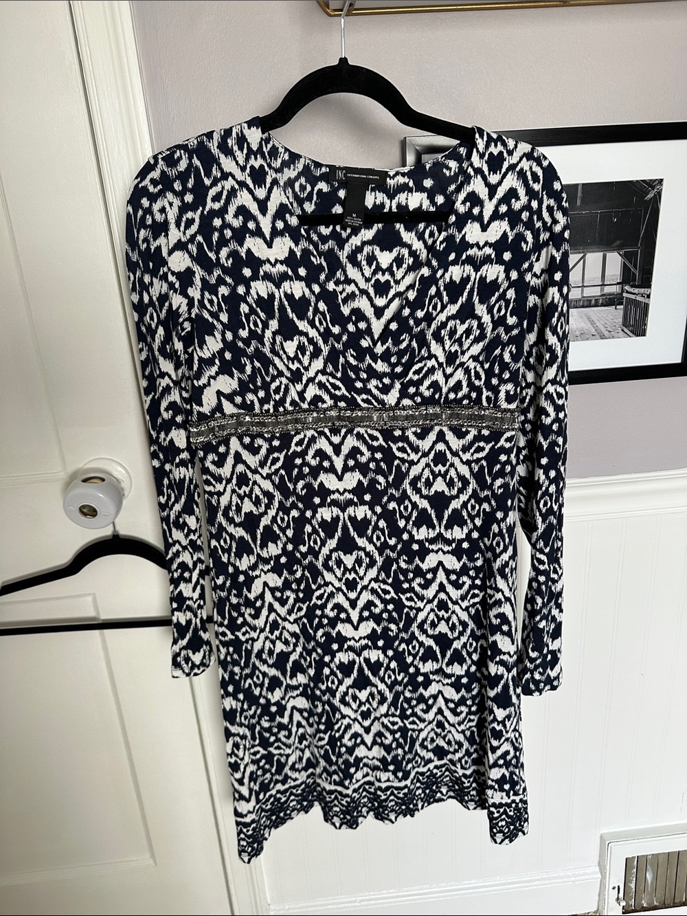 INC International Concepts Navy and White Long-Sleeve Patterned Dress